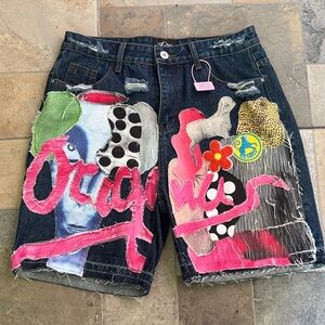 Dark Denim Chino Shorts with Pink Patchwork Accents man S women M